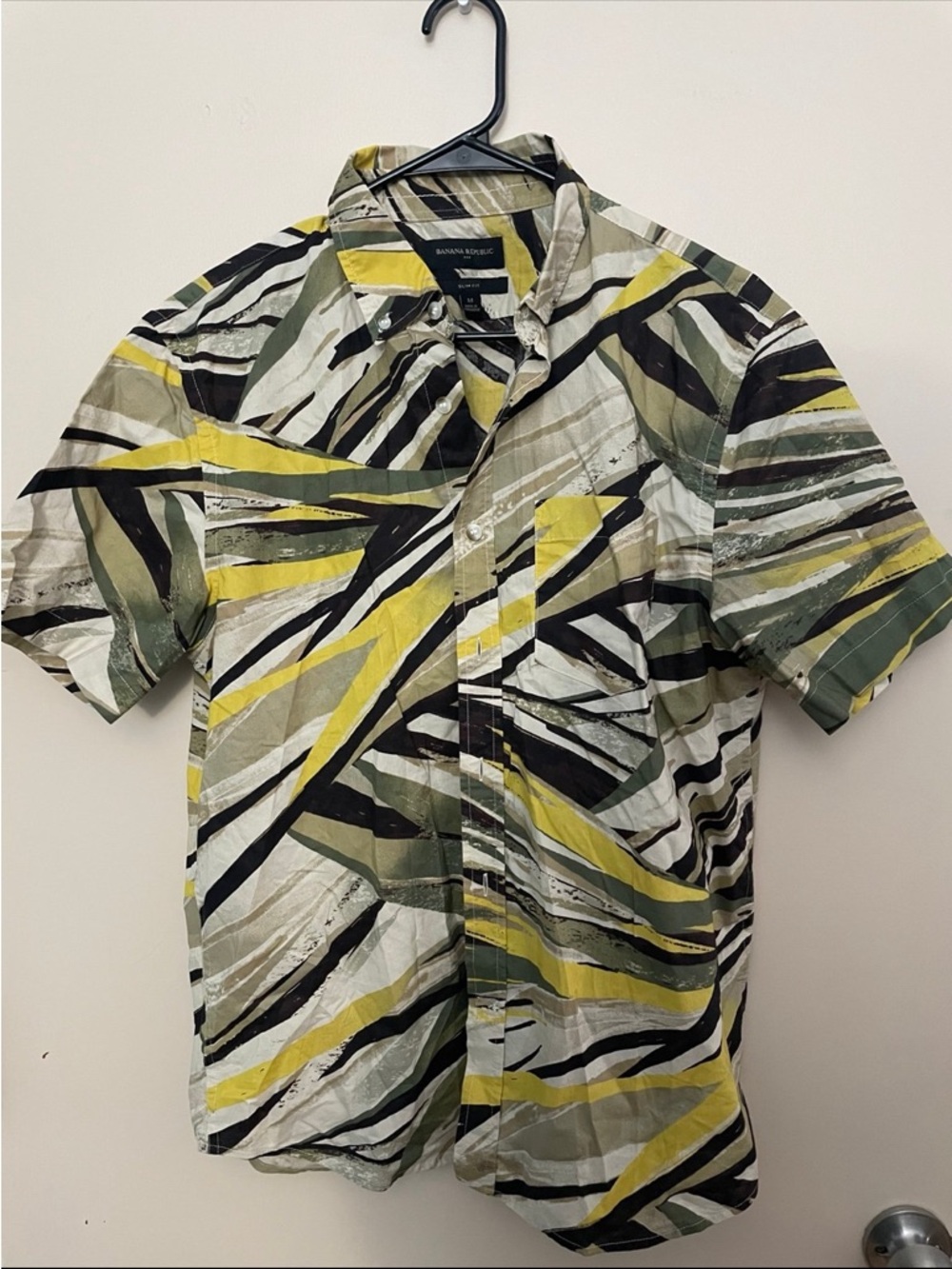 Banana Republic Short Sleeve Abstract Stripe Shirt - Yellow, Green, Black